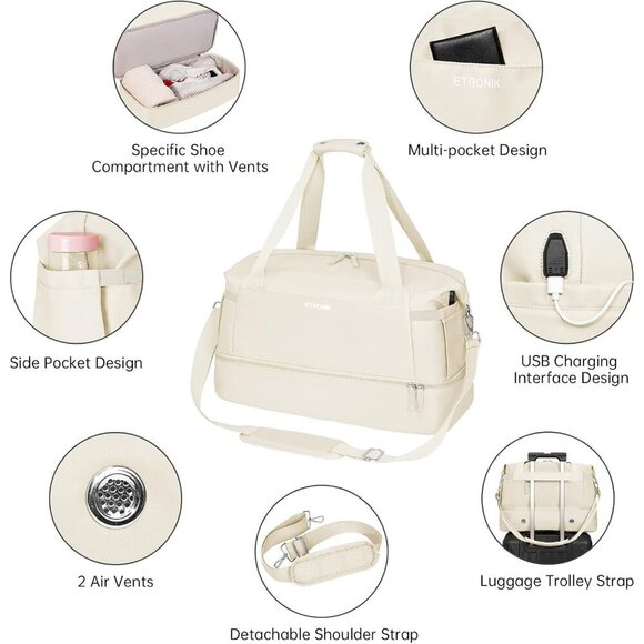 ETRONIK Gym Bag for Women Travel Duffel with Shoes Compartment Wet Pocket - Picture 2 of 8